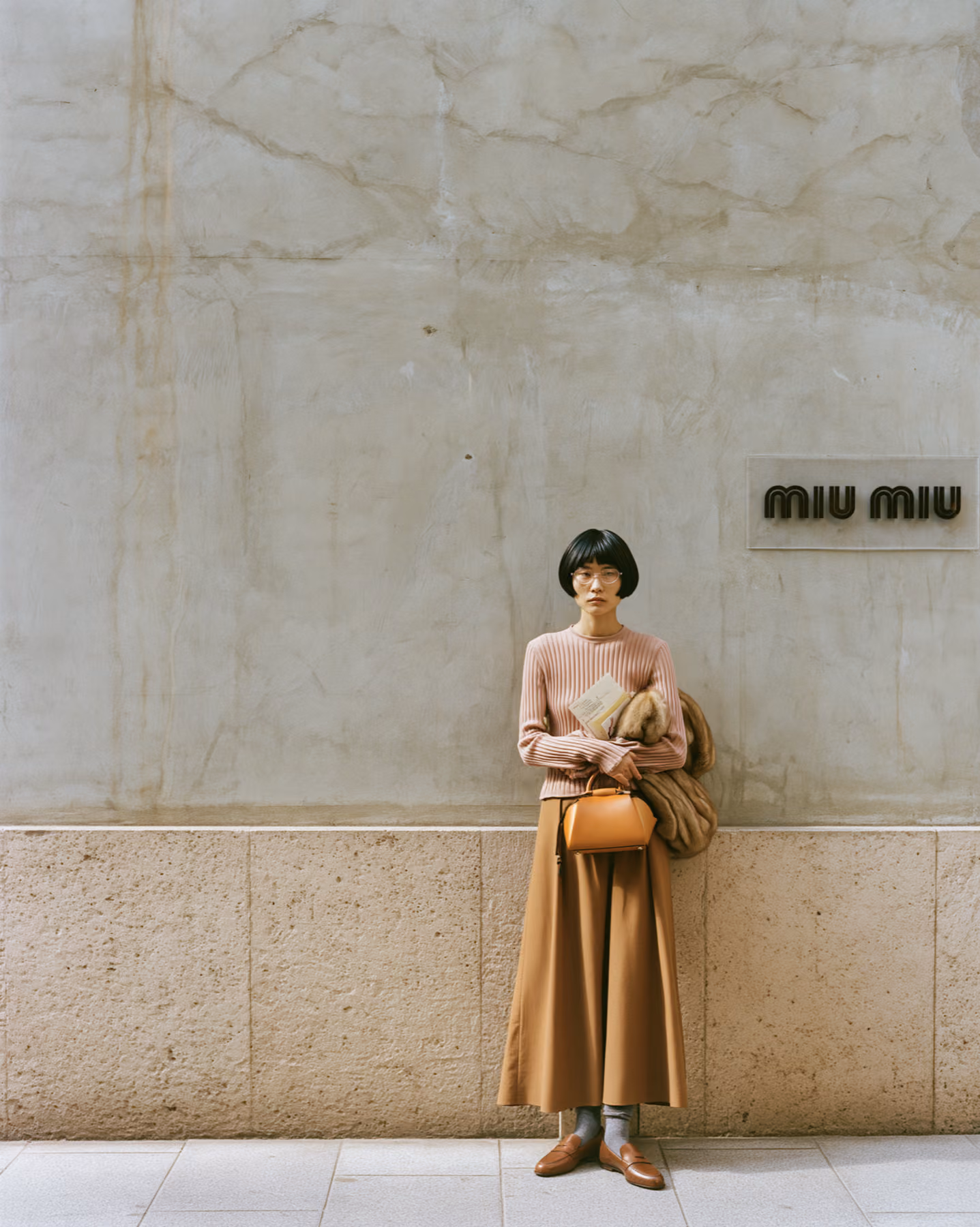 Quiet luxury street-style portrait outside a fashion venue