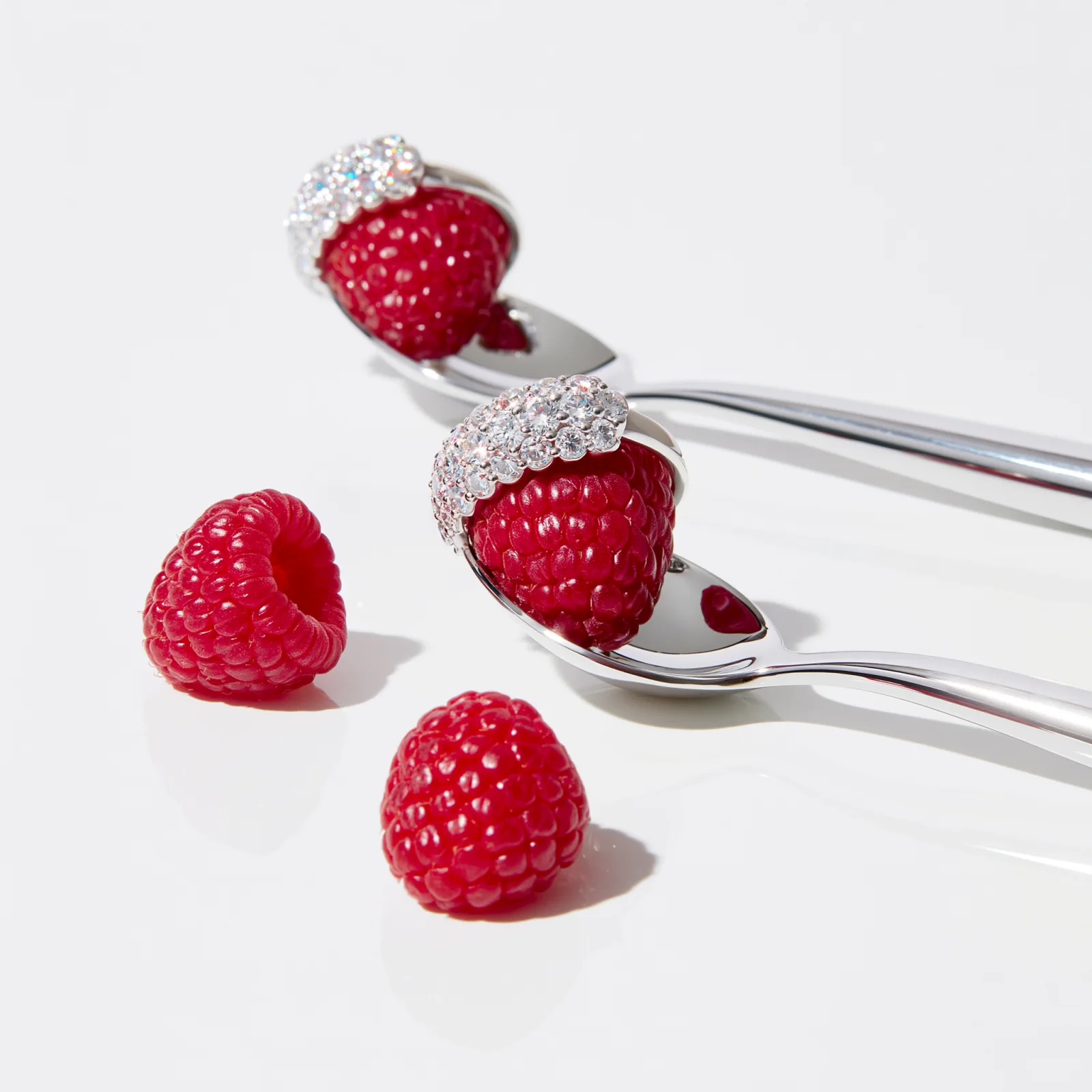 Two diamond rings in a jewelry still life with raspberry color accents