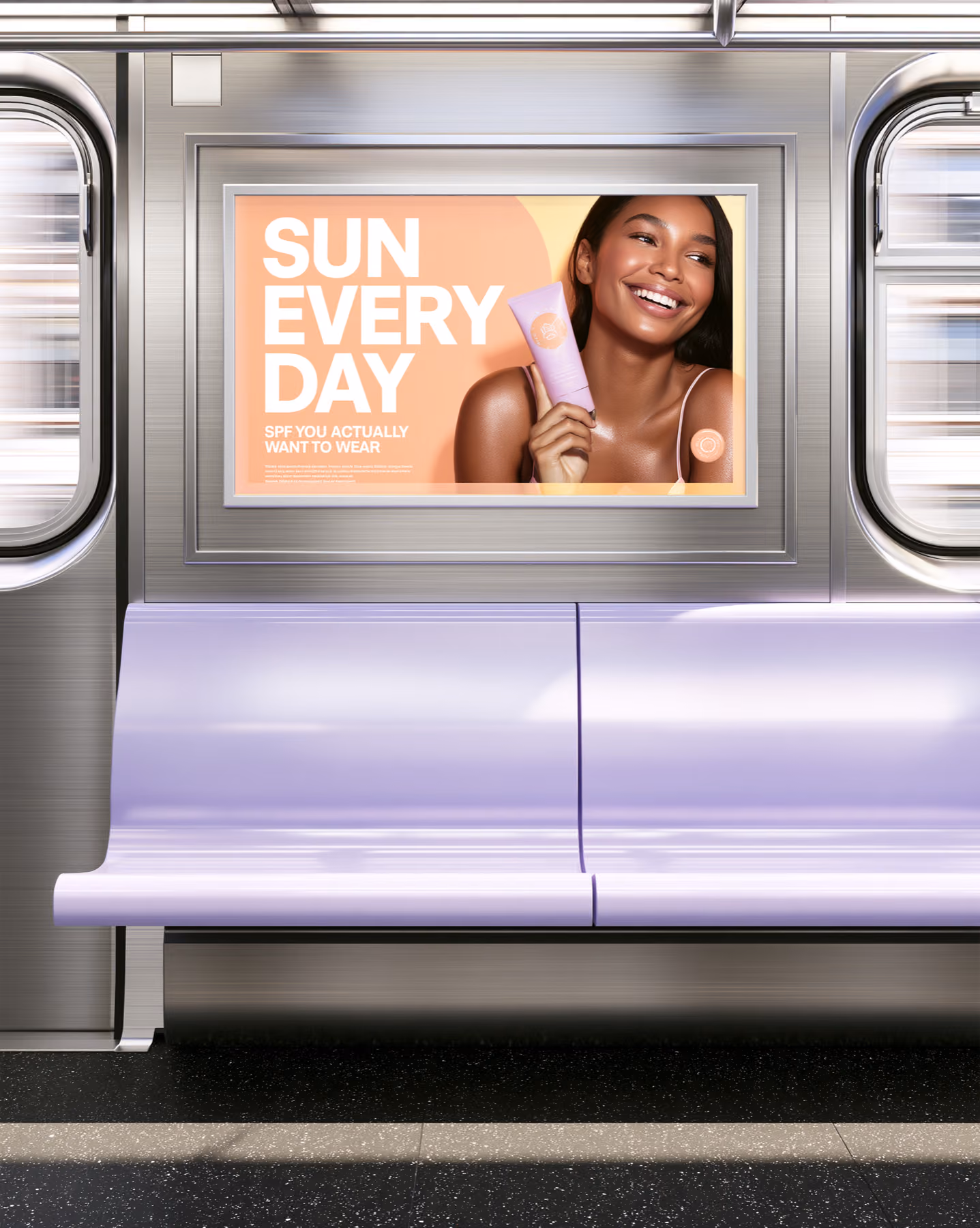 Beauty campaign ad displayed inside a subway train